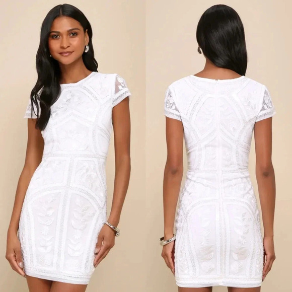 Lulu's Spread Your Shine White Sequin Embroidered Bodycon Dress XL Bridal Party - Picture 1 of 9